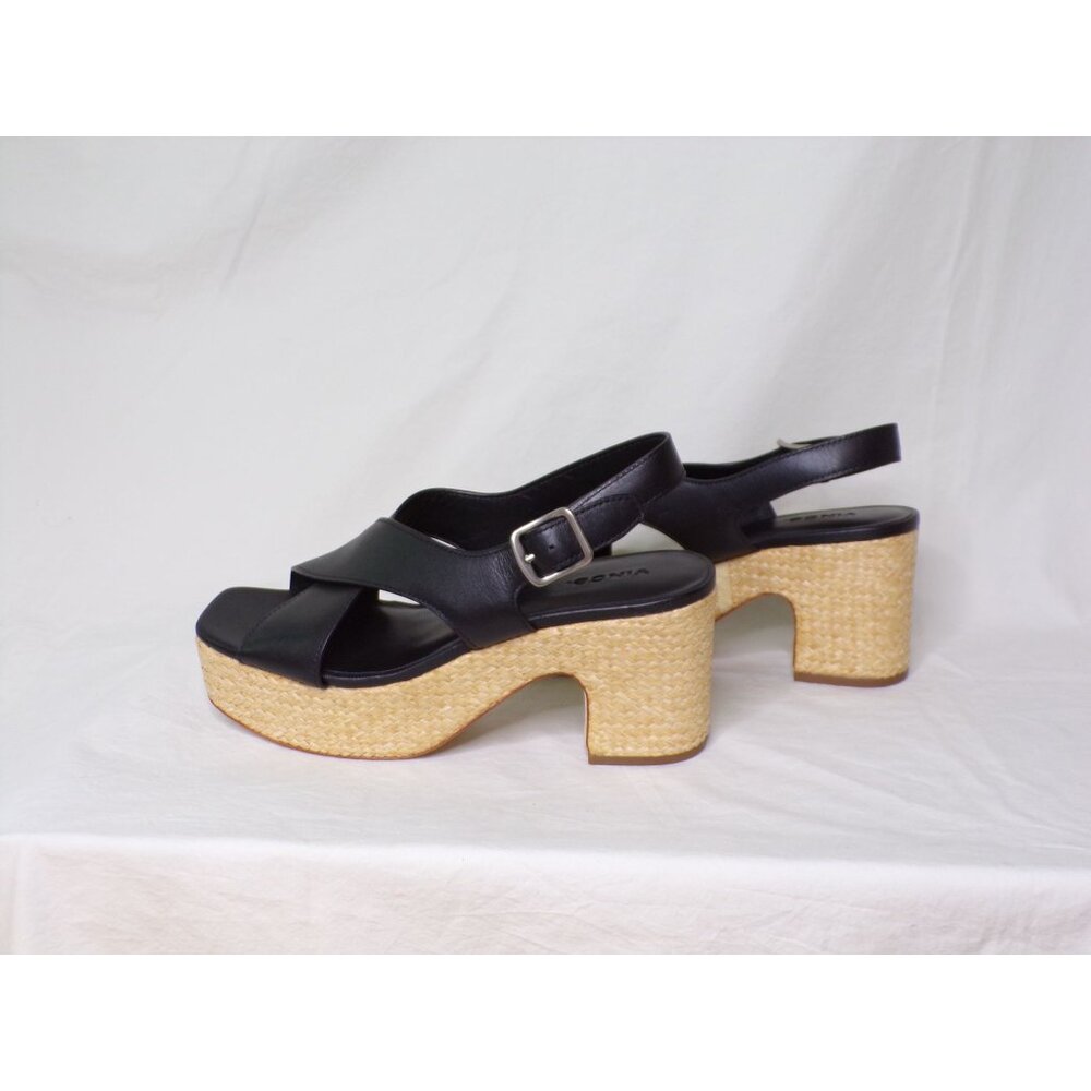 🆕VINCE Clementina Platform Raffia Heel Sandal Shoe Leather 8 Black - Picture 3 of 10
